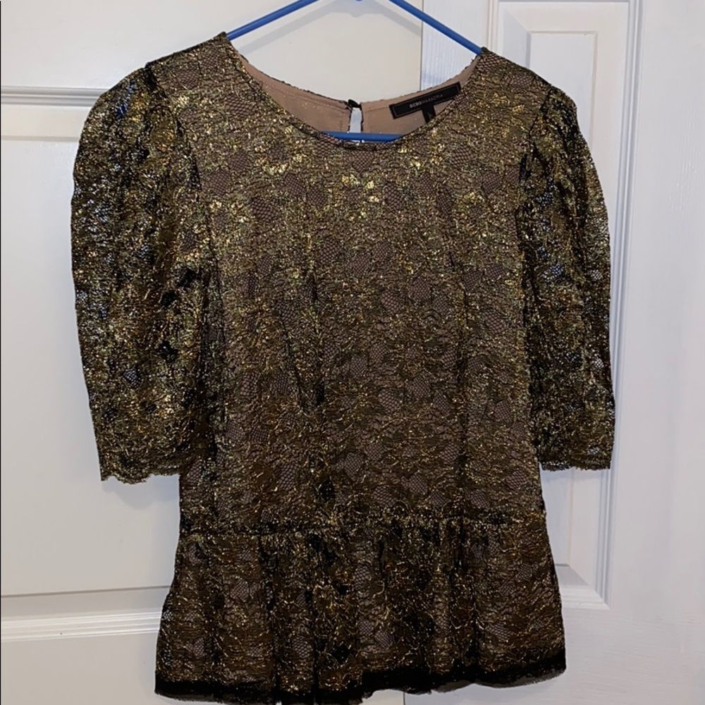 BCBG gold lace peplum top
